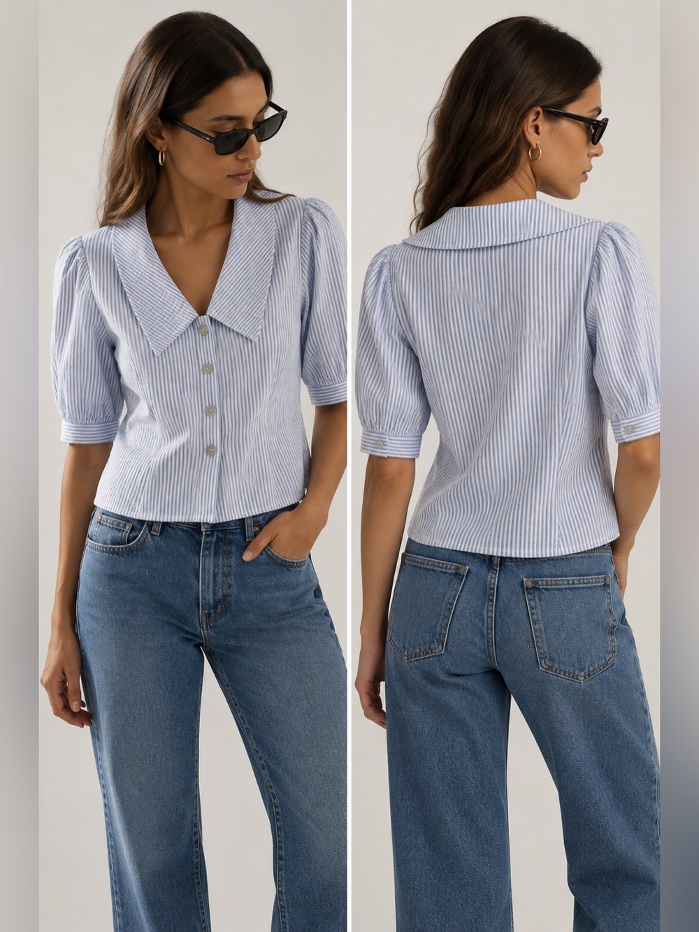 Nation LTD White and Blue Pinstripe Button-Front Collared Top